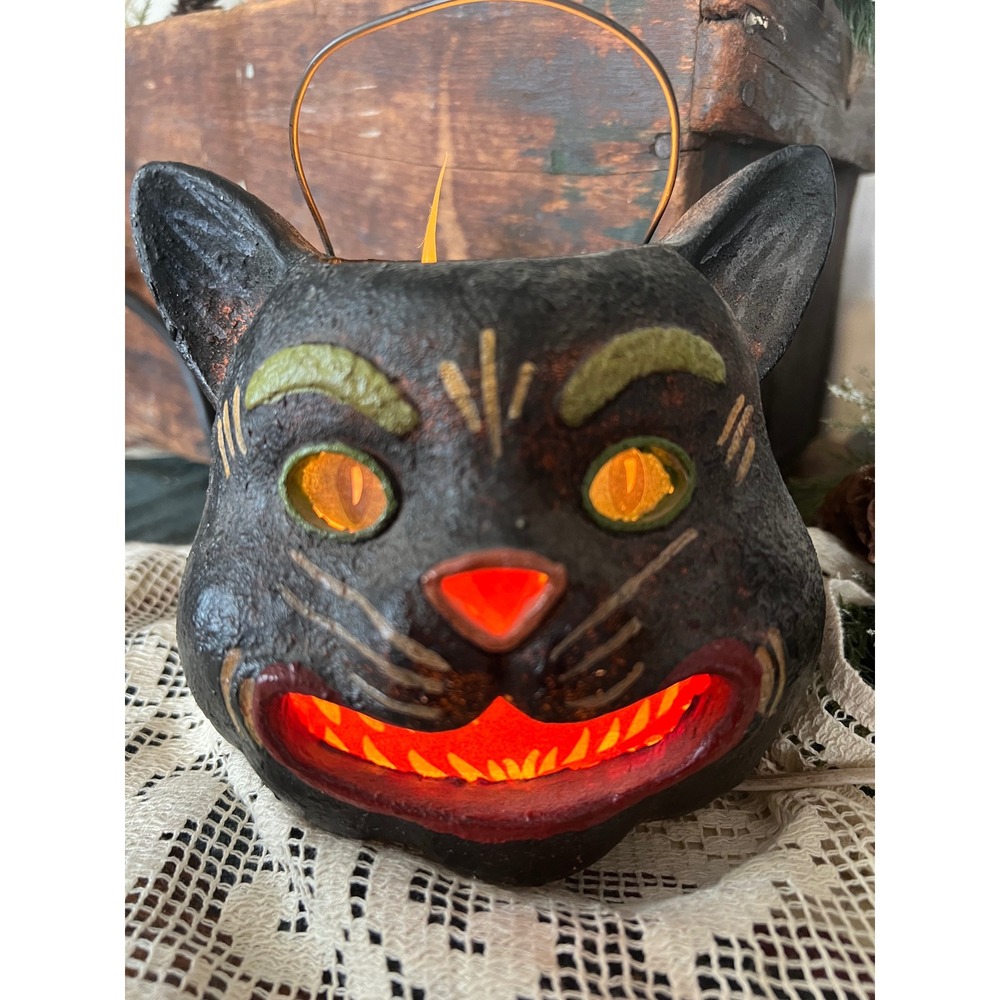 Vintage Style Halloween Black Cat Jack O Lantern Electric Lighted Resin Bucket